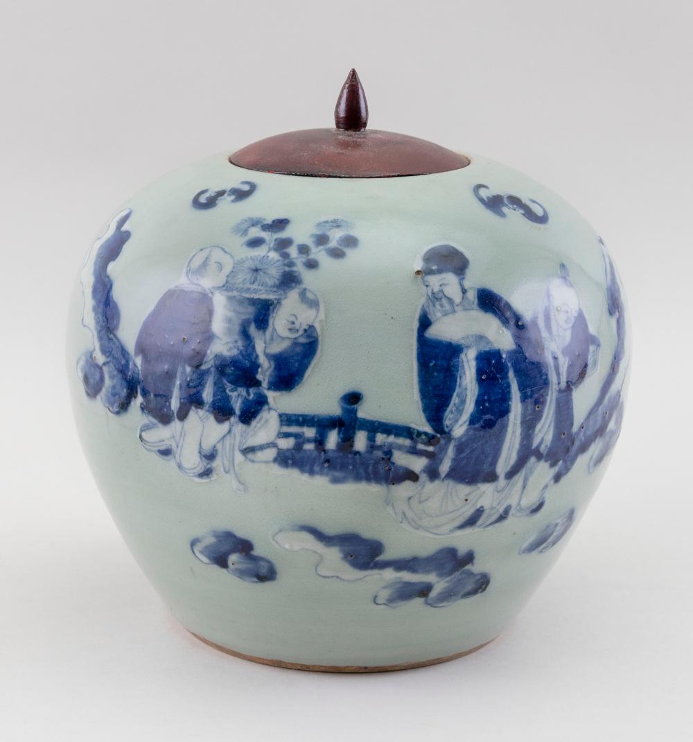 CHINESE BLUE AND WHITE ON CELADON