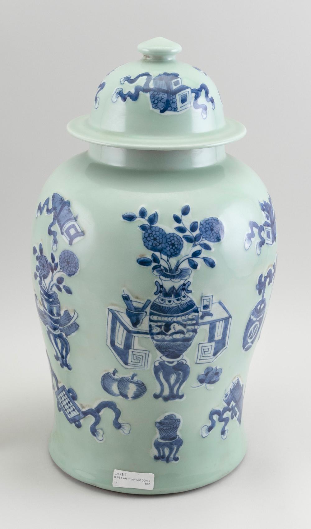 CHINESE BLUE AND WHITE ON CELADON