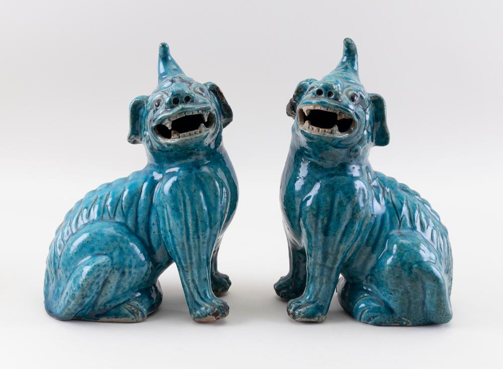 PAIR OF TURQUOISE GLAZE POTTERY FU DOGS