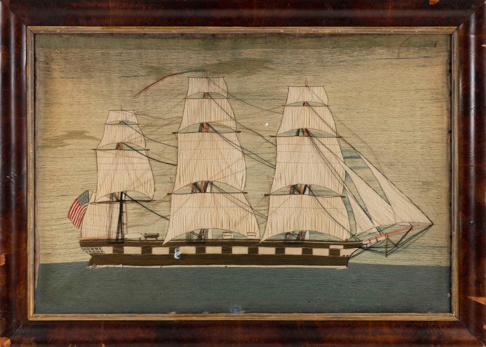 WOOLWORK PICTURE OF THREE-MASTED