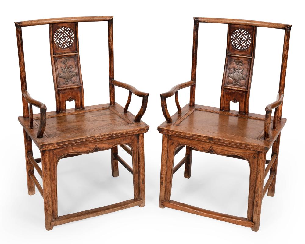 PAIR OF CHINESE ELMWOOD ALTAR CHAIRS
