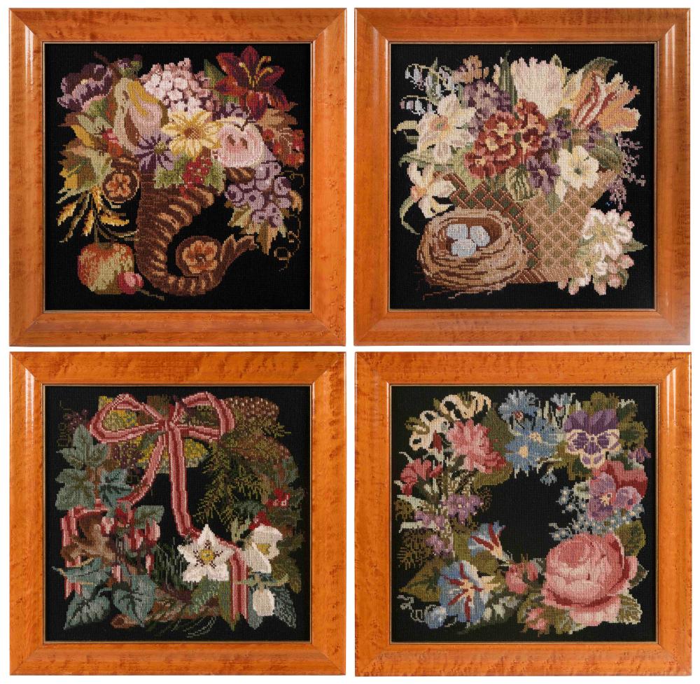 FOUR FLORAL NEEDLEWORKS EARLY 20TH