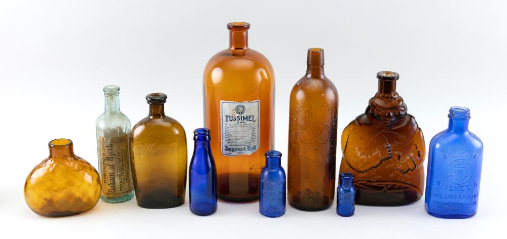 TEN EARLY BLOWN GLASS BOTTLES 19TH EARLY 34ed1c