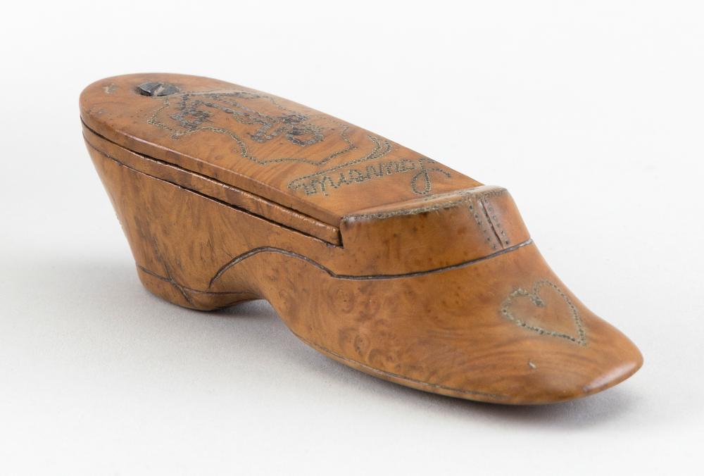 ENGLISH SHOE-FORM TREEN AND PIQUE