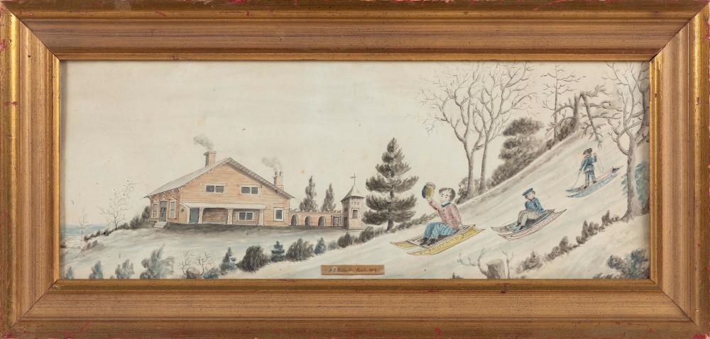 FOLK ART WATERCOLOR OF A SLEDDING 34ef4f