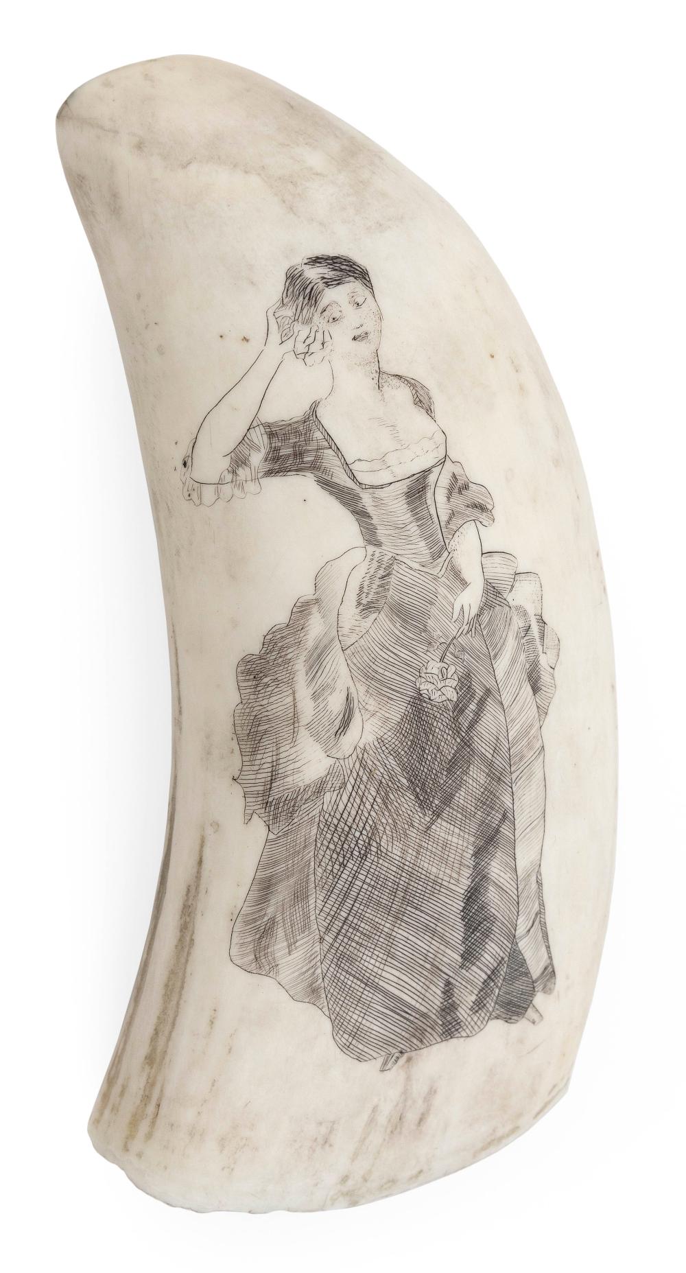 SCRIMSHAW WHALE S TOOTH WITH FIGURAL 34f00e