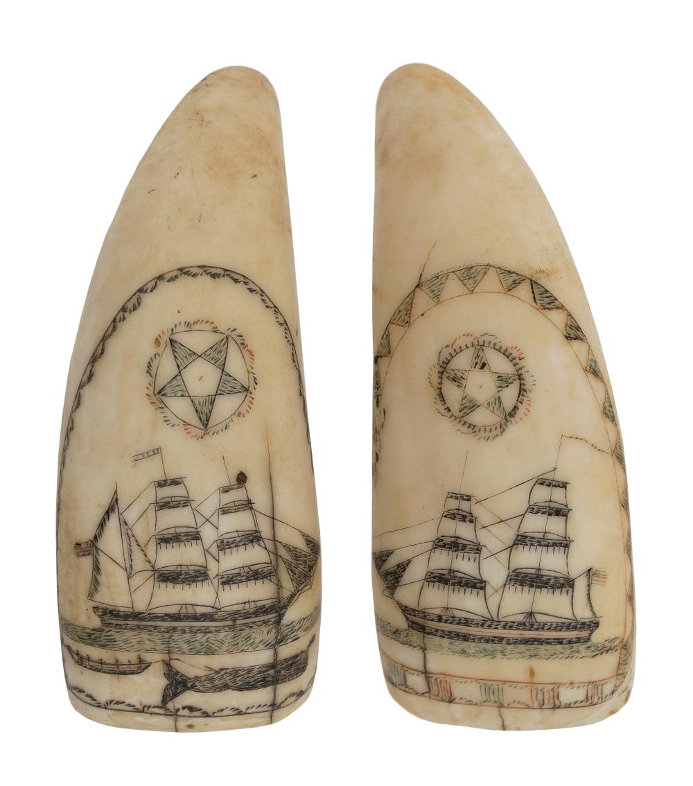 PAIR OF POLYCHROME SCRIMSHAW WHALE S 34f008