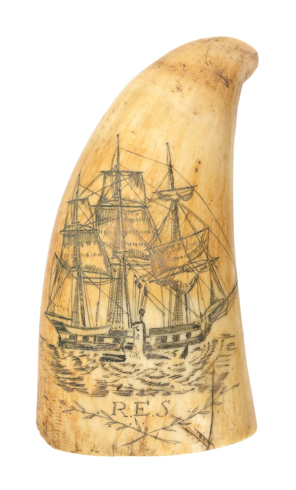 SCRIMSHAW WHALE'S TOOTH WITH ACTIVE