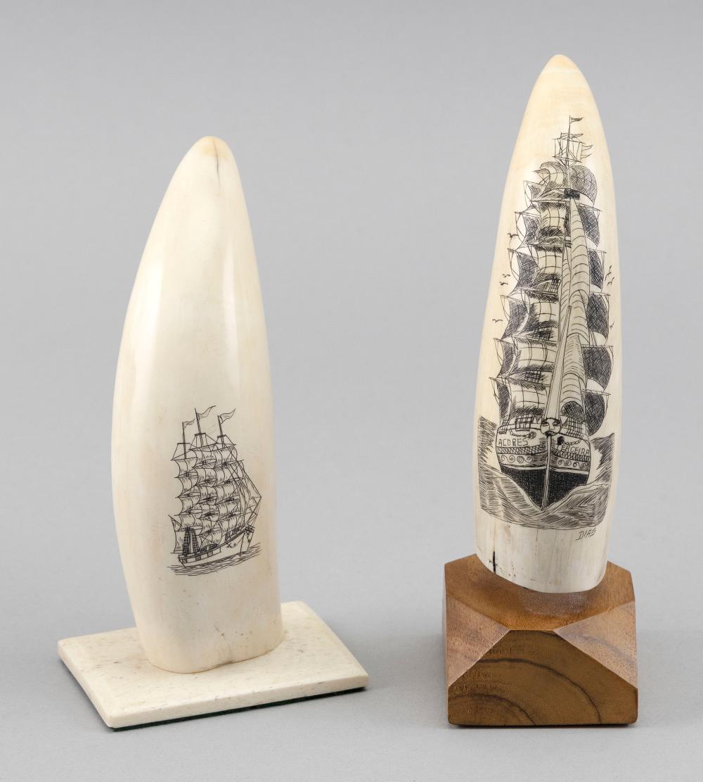  TWO ENGRAVED WHALE S TEETH WITH 34f22b
