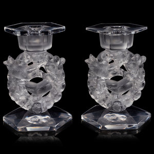 A Pair of Lalique Mesanges Candlesticks