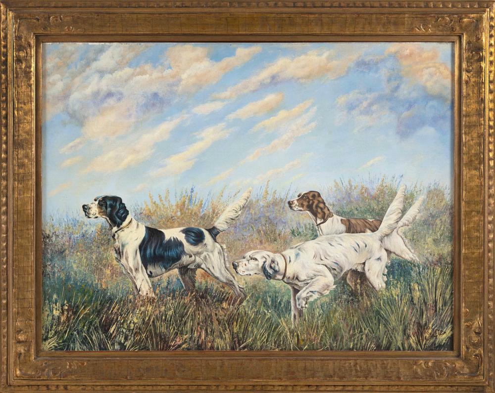 PAINTING OF THREE HUNTING DOGS