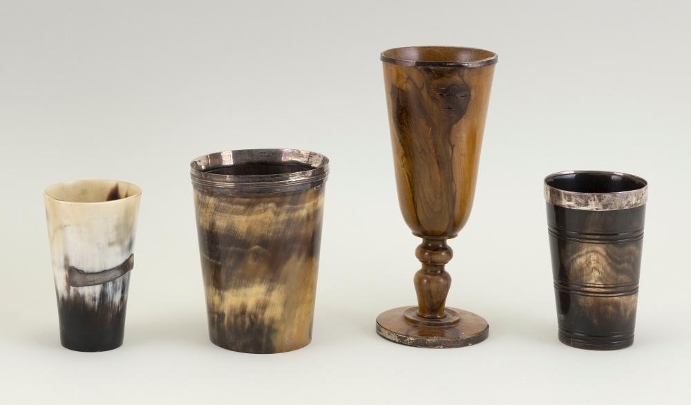 FOUR DRINKING VESSELS WITH SILVER