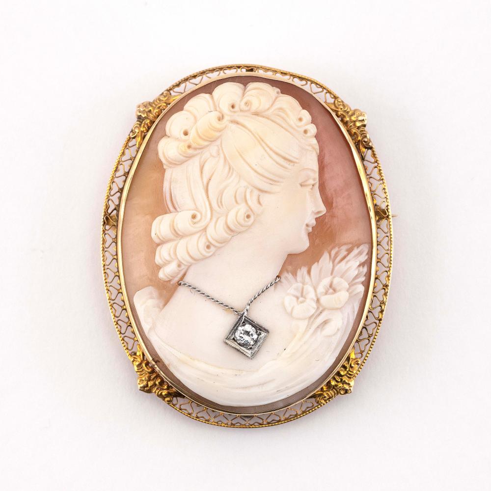 14KT GOLD, SHELL CAMEO AND DIAMOND