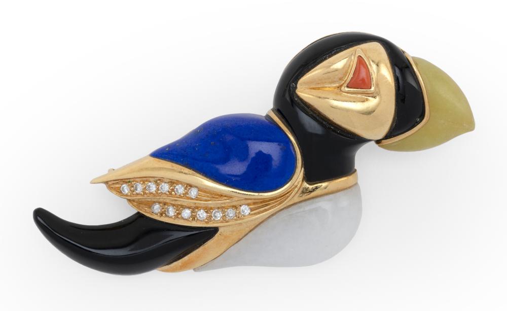 18KT GOLD, HARDSTONE AND DIAMOND PUFFIN-FORM