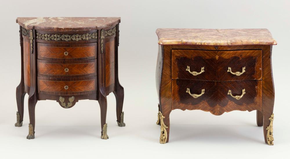 TWO MARQUETRY AND MARBLE-TOP MINIATURE