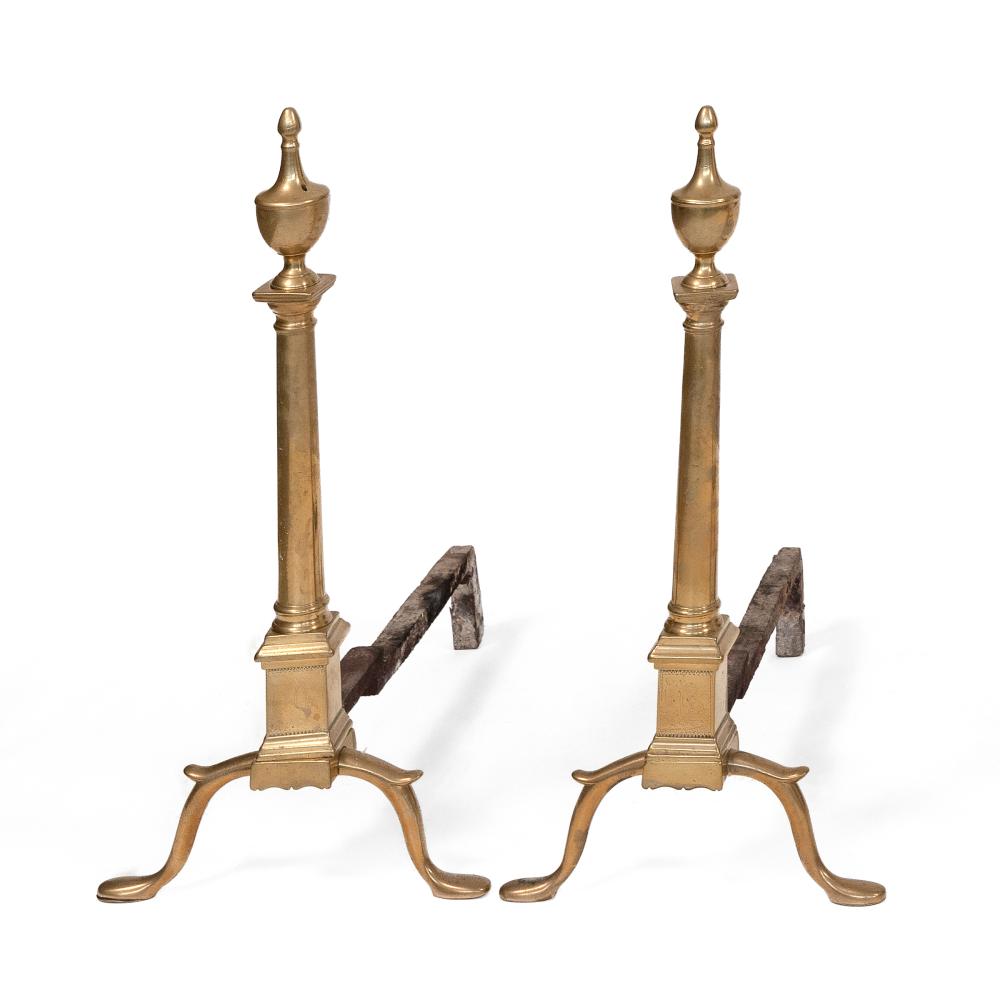 PAIR OF ENGRAVED BRASS ANDIRONS