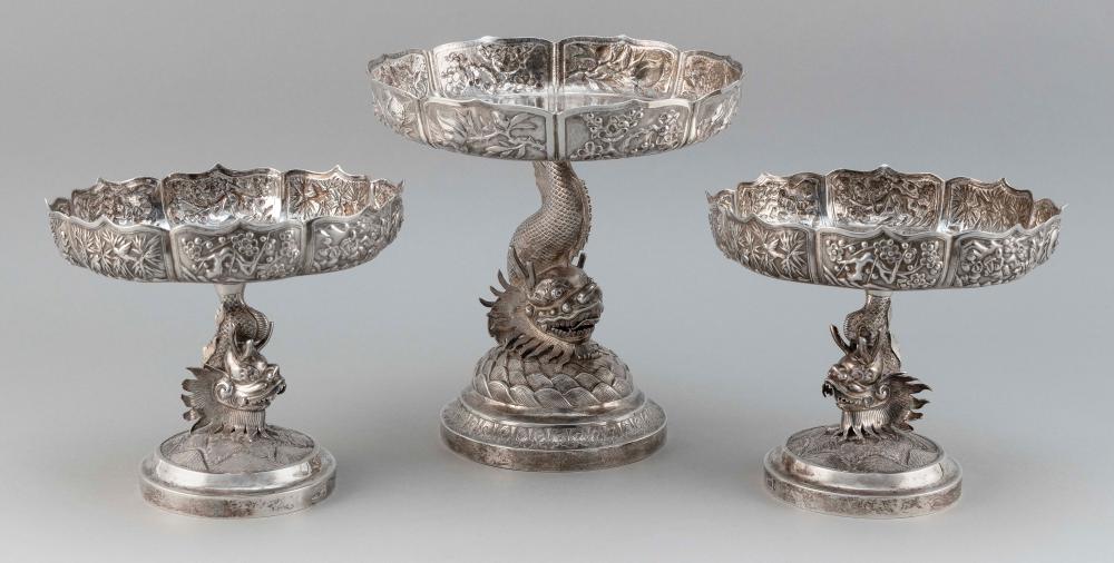 THREE CHINESE EXPORT SILVER COMPOTES