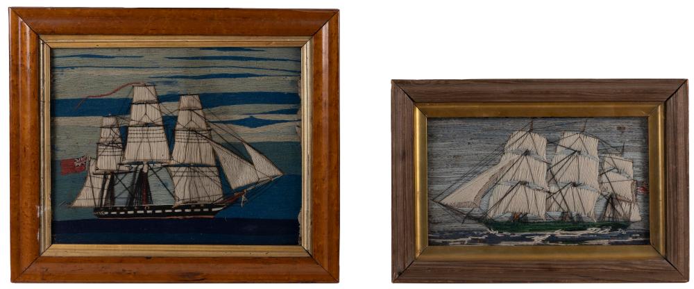 TWO WOOLWORK PICTURES OF THREE-MASTED