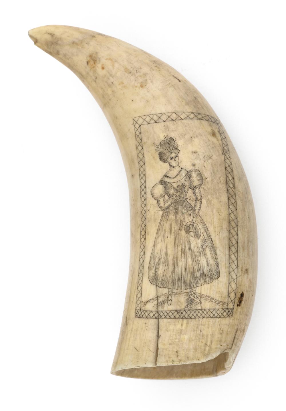 SCRIMSHAW WHALE’S TOOTH WITH