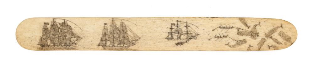 SCRIMSHAW WHALEBONE BUSK BY JOSIAH SHEFFIELD,