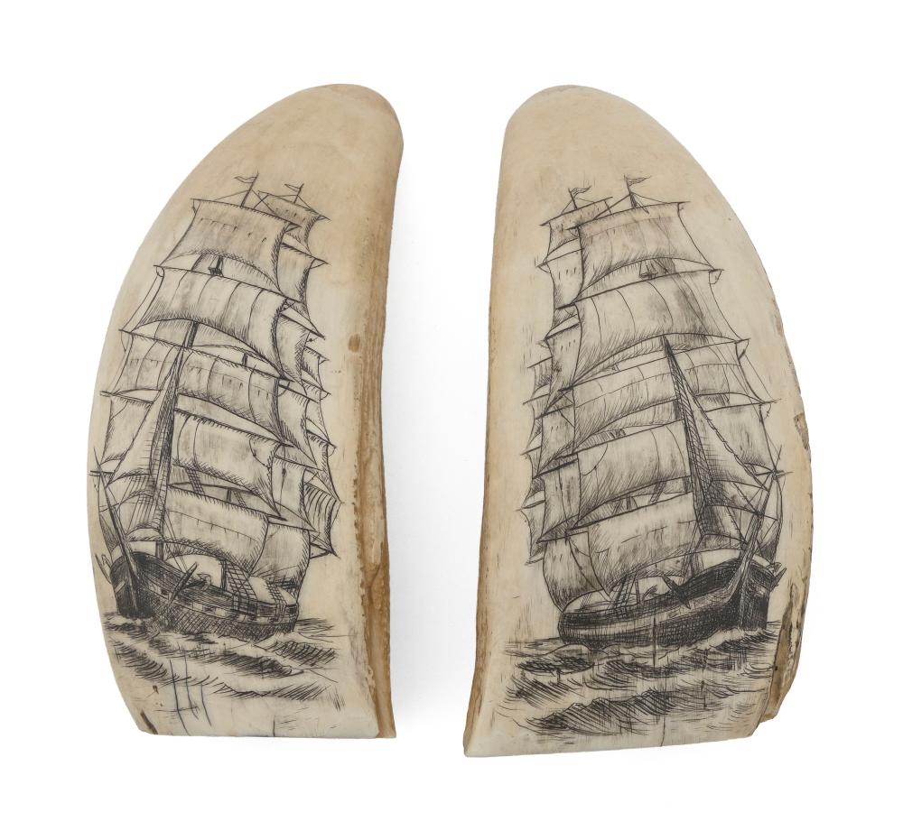 * PAIR OF ENGRAVED WHALE'S TEETH