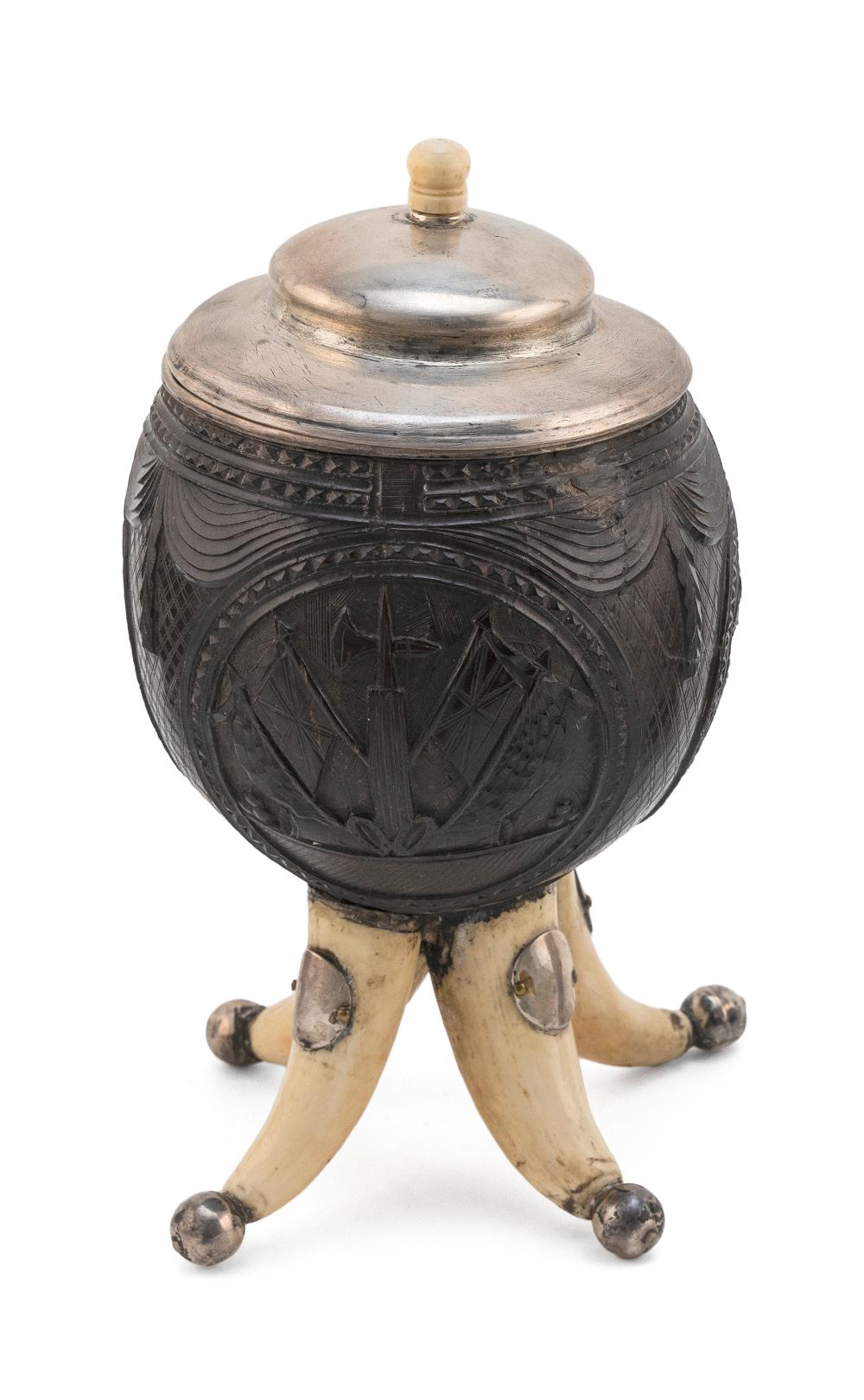 CARVED COCONUT SHELL COVERED FOOTED