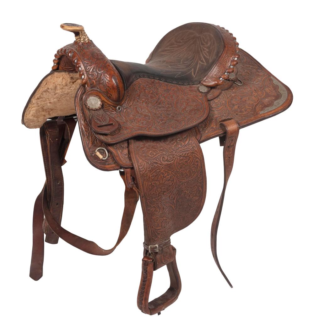 TOOLED LEATHER WESTERN SADDLE MID 20TH 34db03