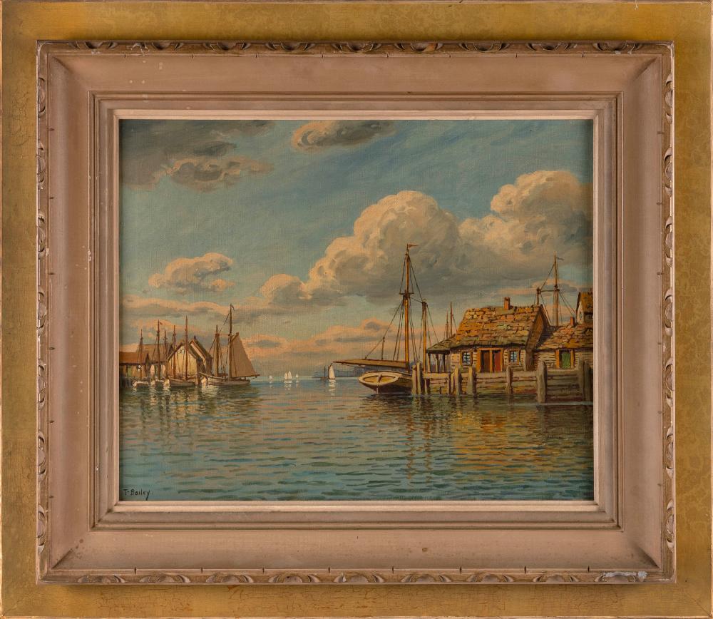 PAINTING OF A WHARF SCENE EARLY