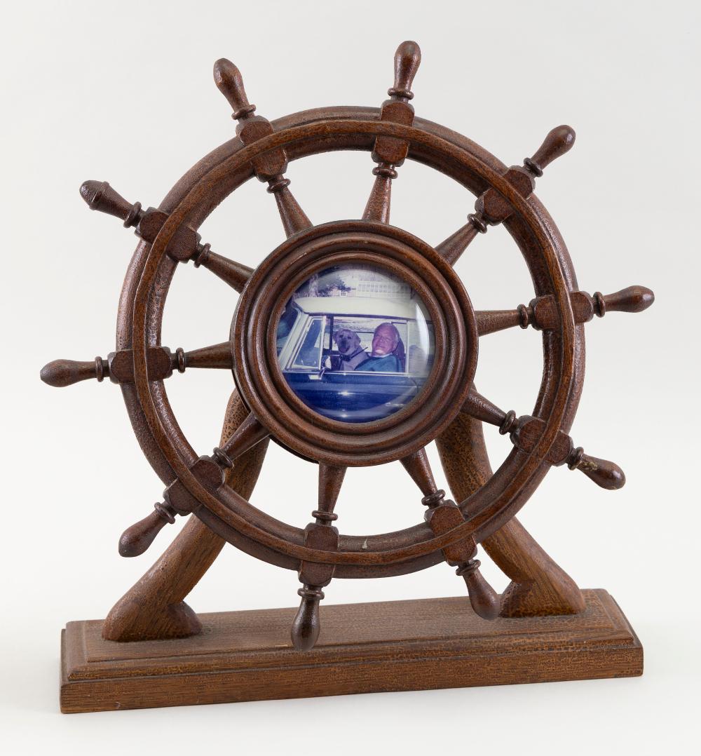CARVED WALNUT SHIP'S WHEEL PICTURE