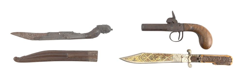 BELGIAN PERCUSSION PISTOL AND TWO KNIVES