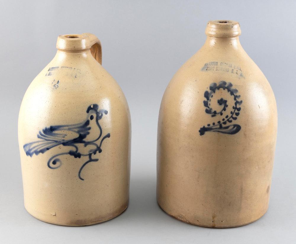 TWO TWO-GALLON STONEWARE JUGS 19TH