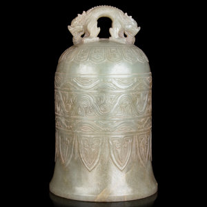 A Chinese Carved Celadon Jade Bell 35090f