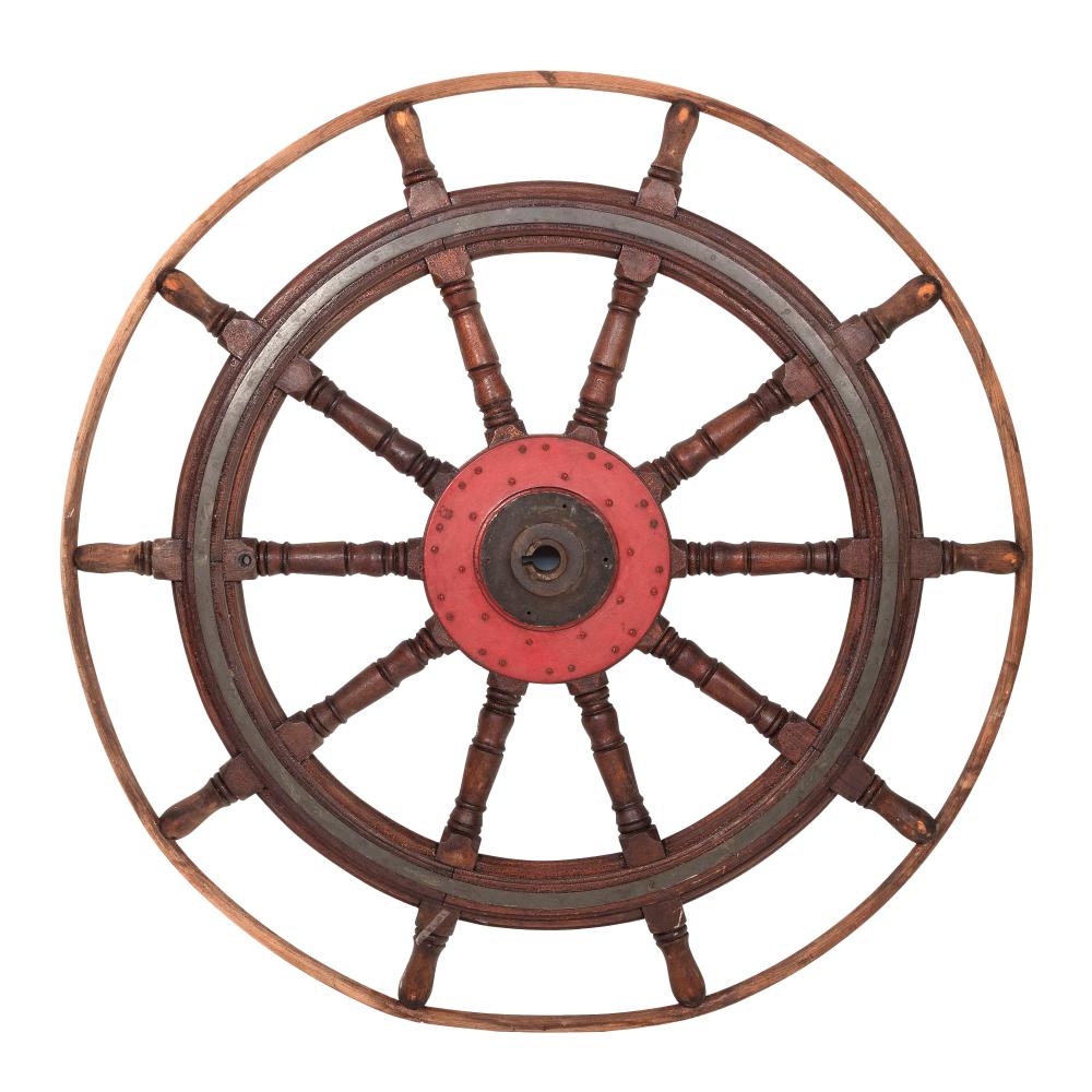 LARGE WOOD AND IRON SHIP S WHEEL 350a58