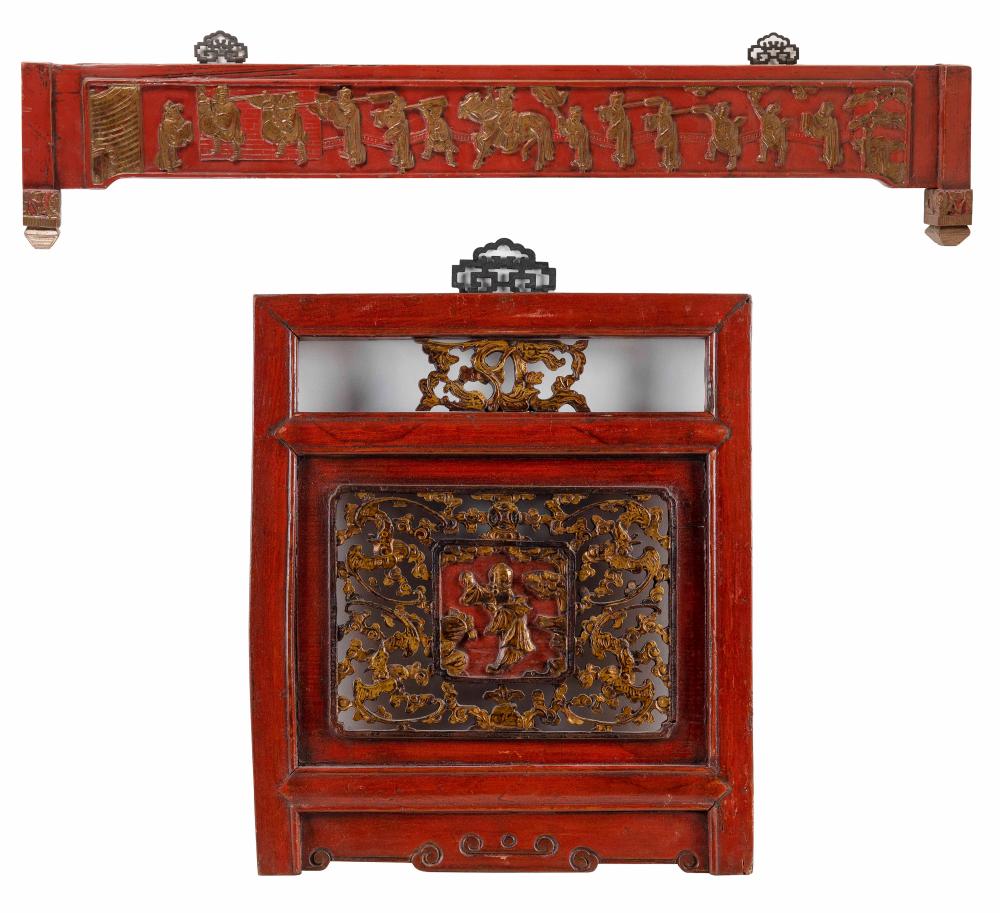 TWO RED AND GILT LACQUERED CARVED 350b52