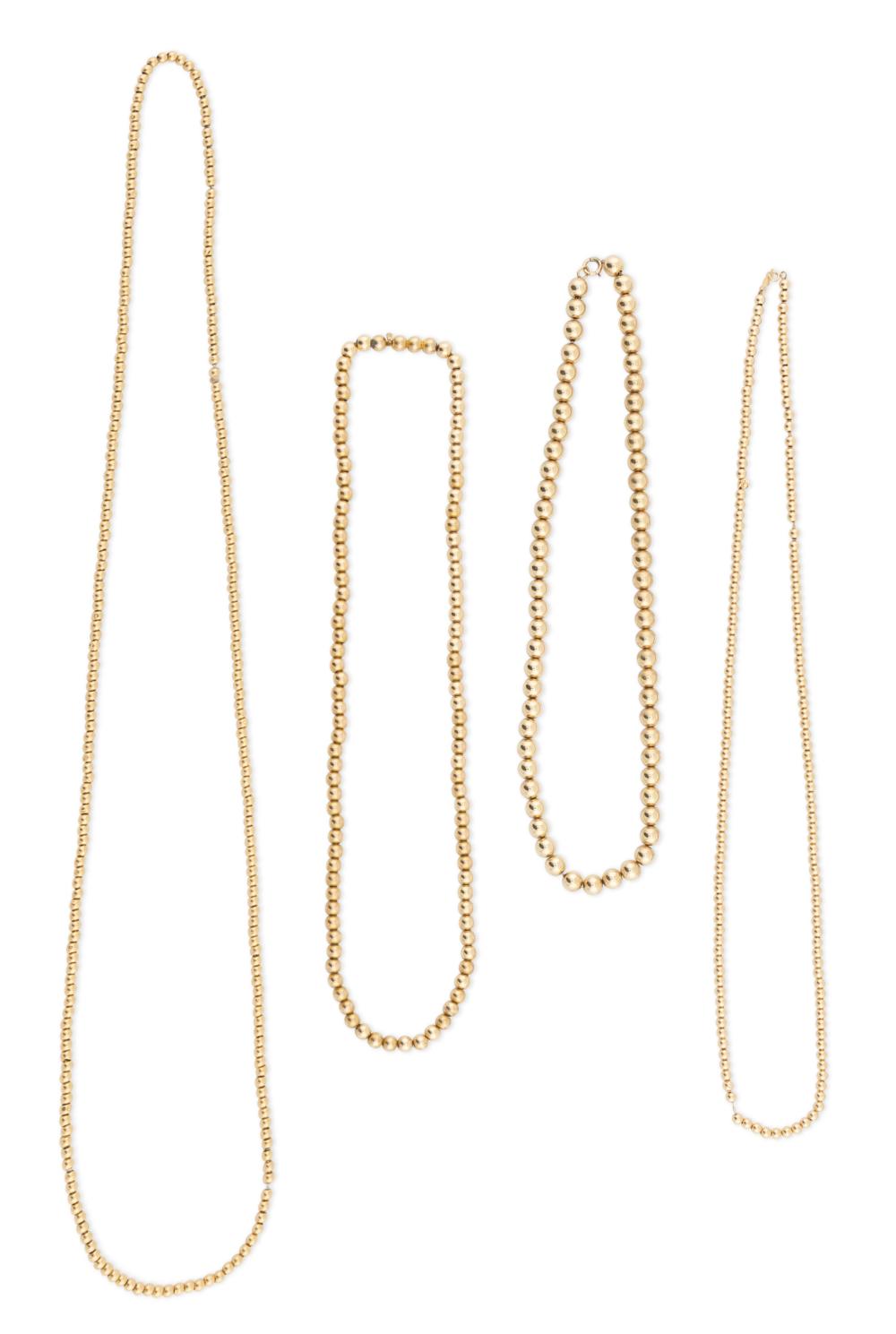 FOUR 14KT YELLOW GOLD BEAD NECKLACES