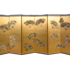 A Japanese Painted Paper Six-Panel