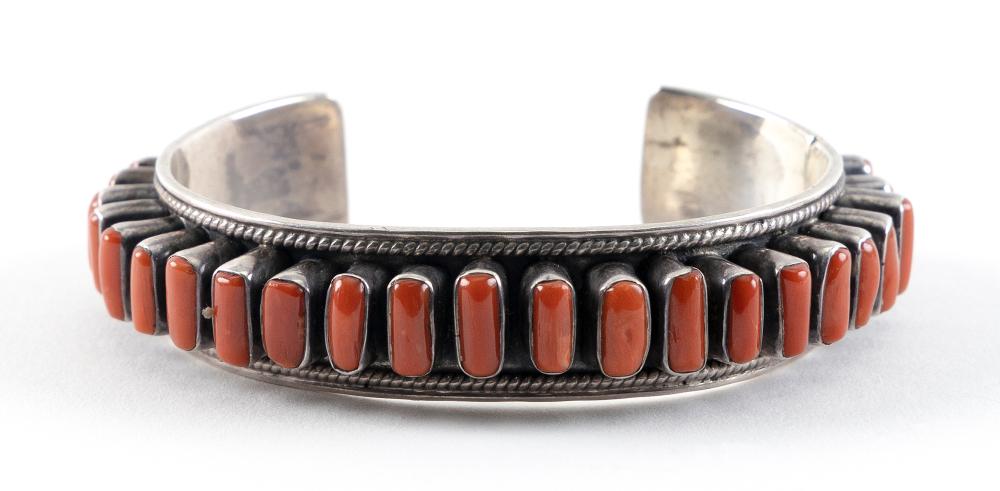 NAVAJO SILVER AND CORAL ROW BRACELET