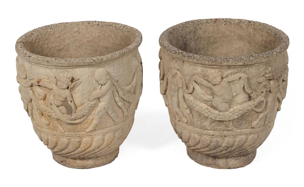 PAIR OF LARGE CAST CEMENT URNS 350d8a