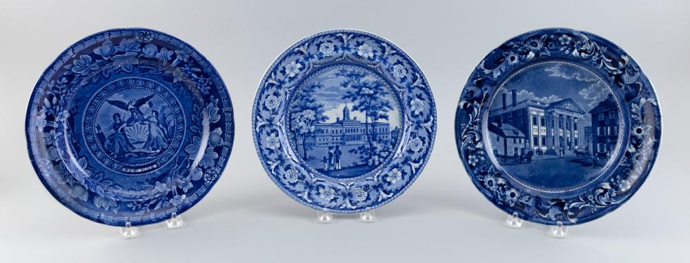 THREE BLUE STAFFORDSHIRE PLATES