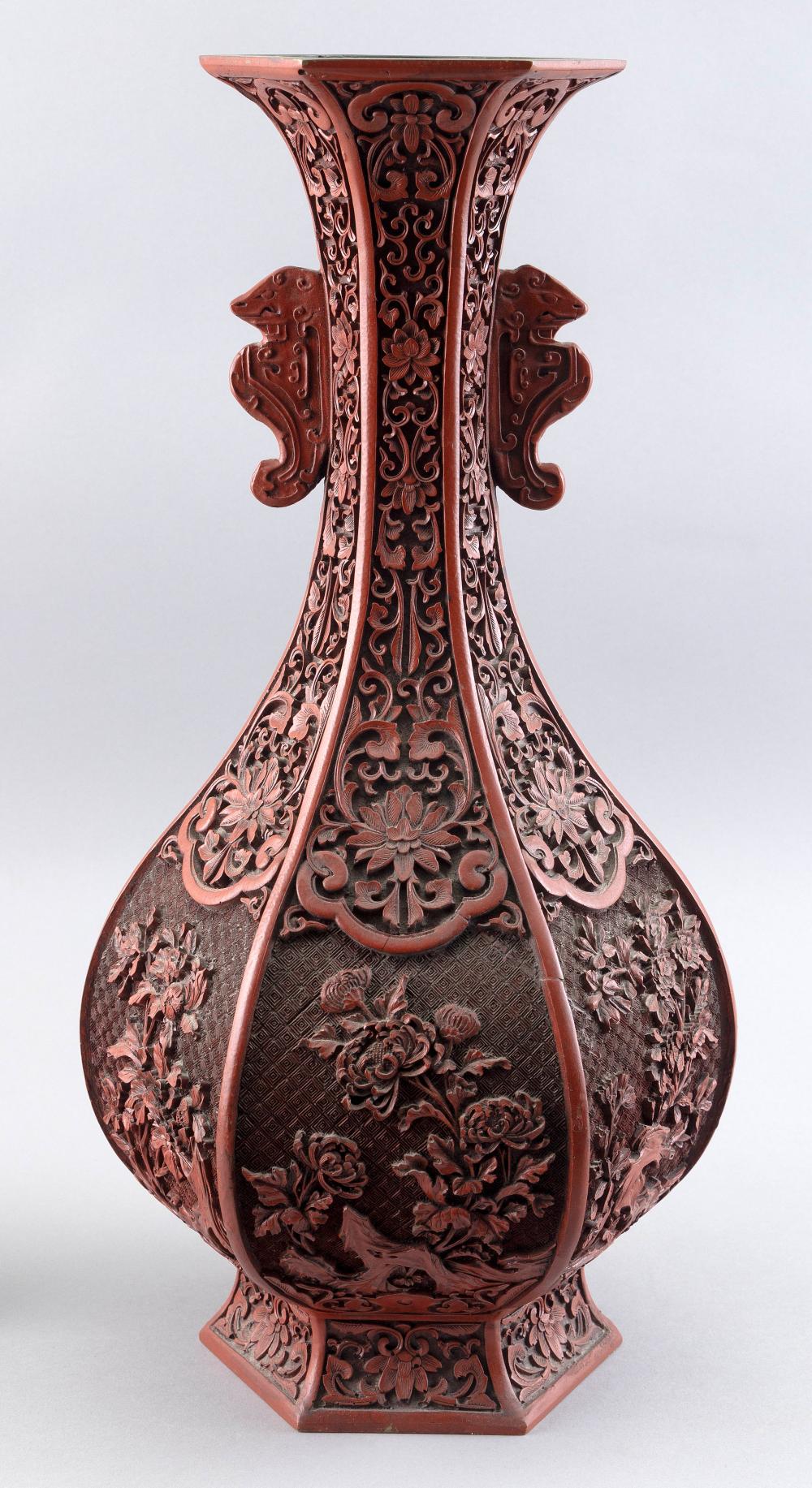 CHINESE CARVED CINNABAR HEXAGONAL 3511e1