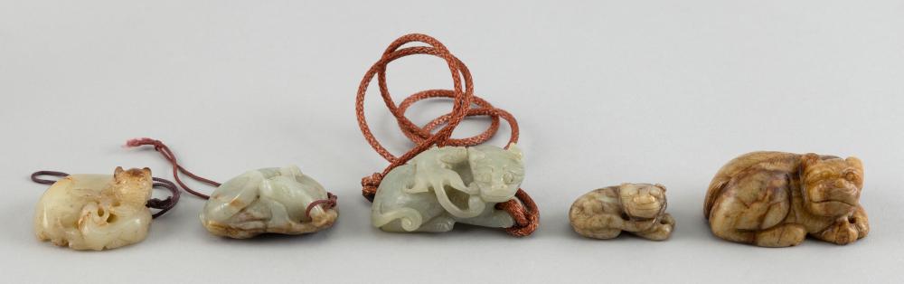 FIVE CHINESE CARVED JADE FU DOGS