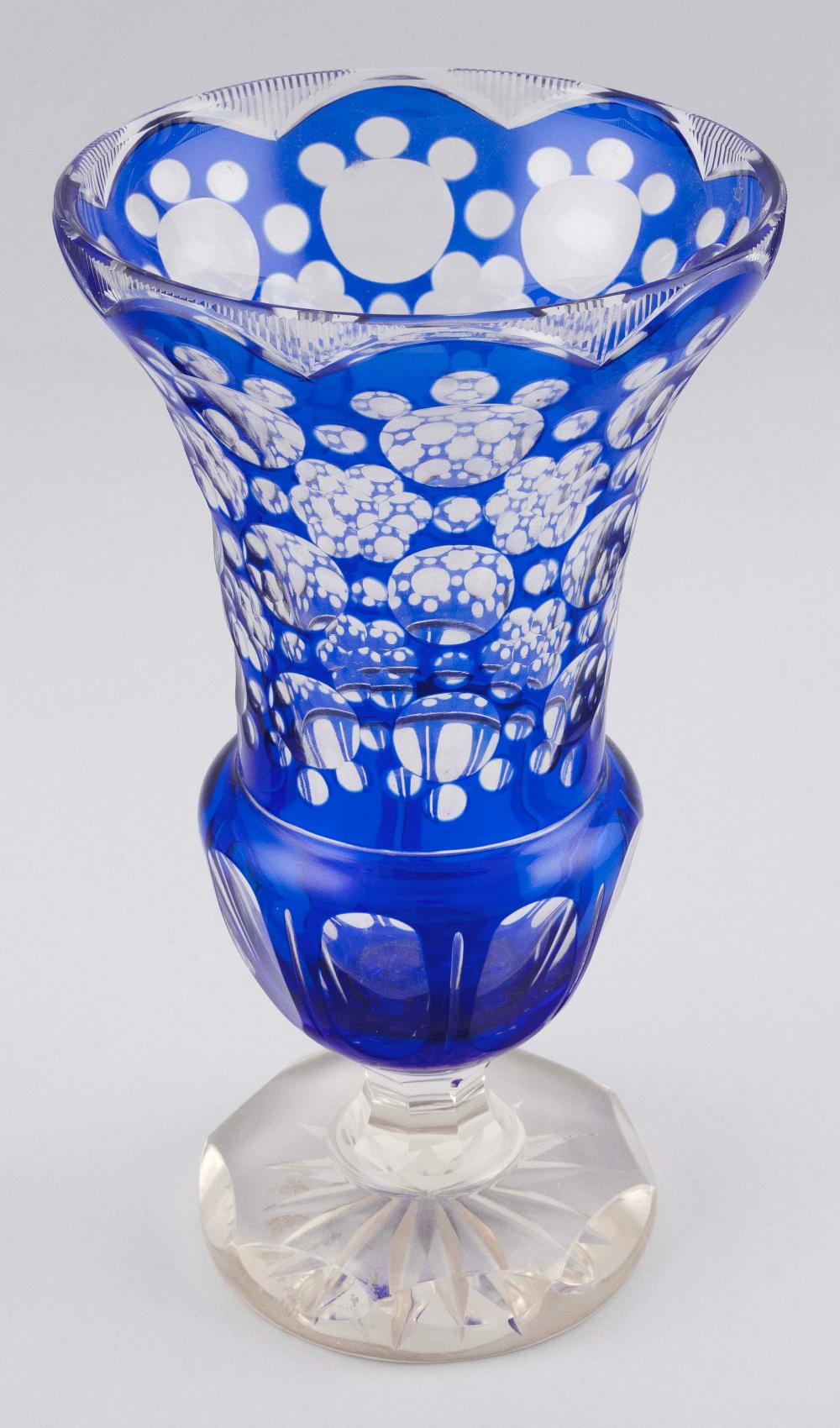 BLUE-CUT-TO-CLEAR GLASS FLOWER VASE