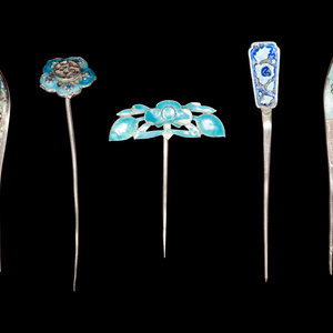 Five Chinese Enamel on Silver Hairpins LATE 3515bc