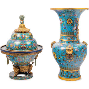 Two Large Chinese Blue Ground Cloisonné