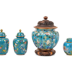 Four Chinese Blue Ground Cloisonné