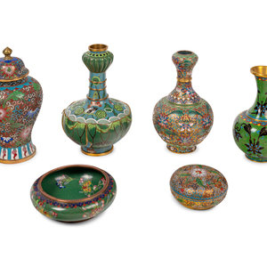 Six Chinese Green Ground Cloisonné