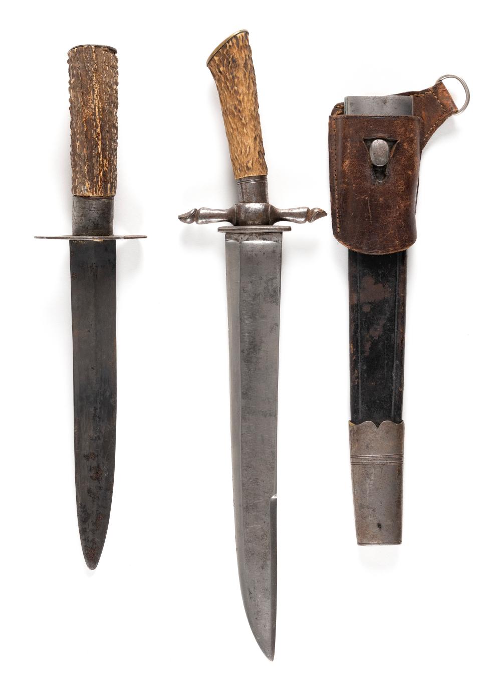 TWO STAGHORN-HANDLED HUNTING KNIVES