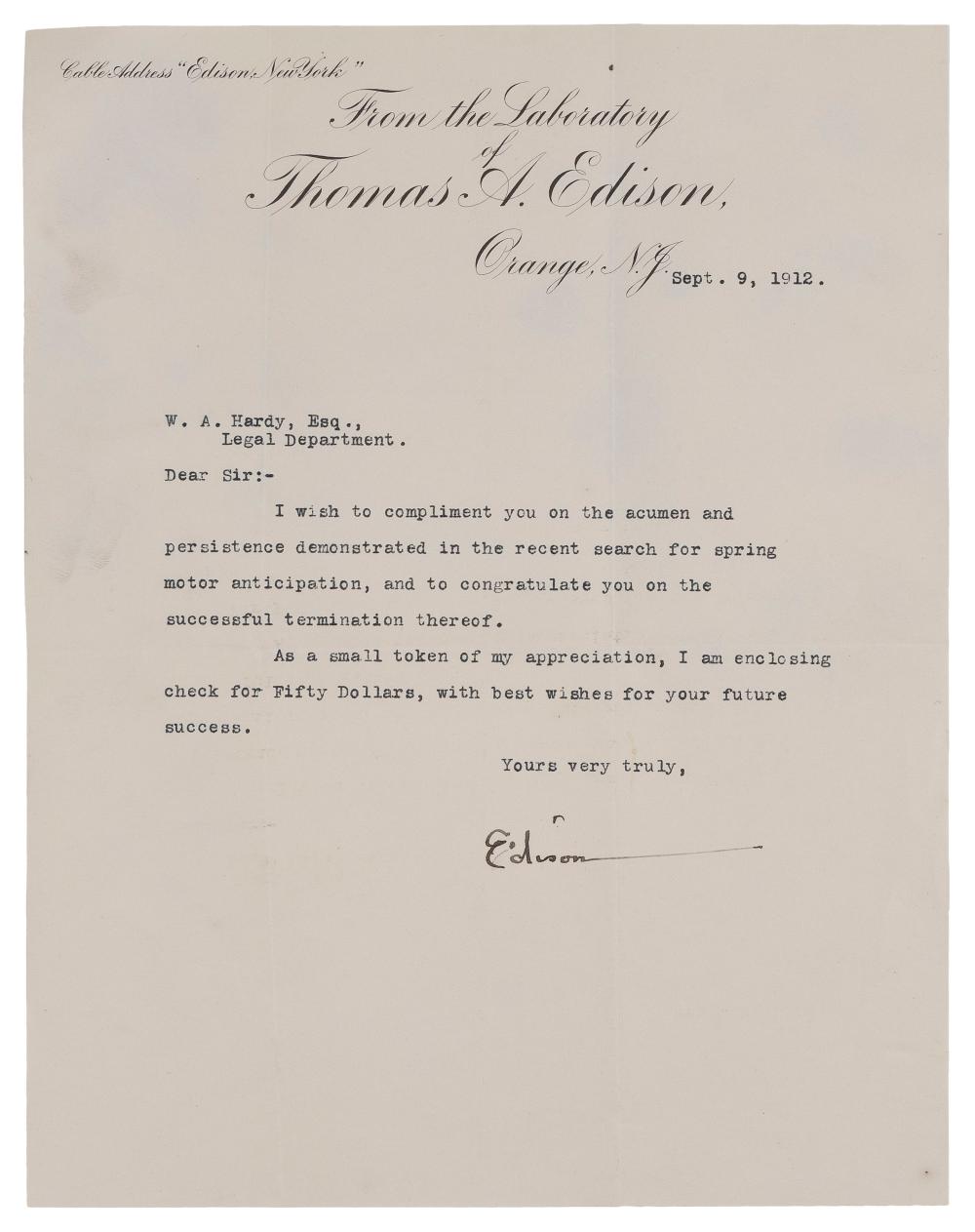 THOMAS A. EDISON ALS DATED 1912