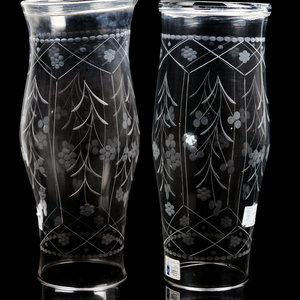 A Pair of Etched Glass Hurricane