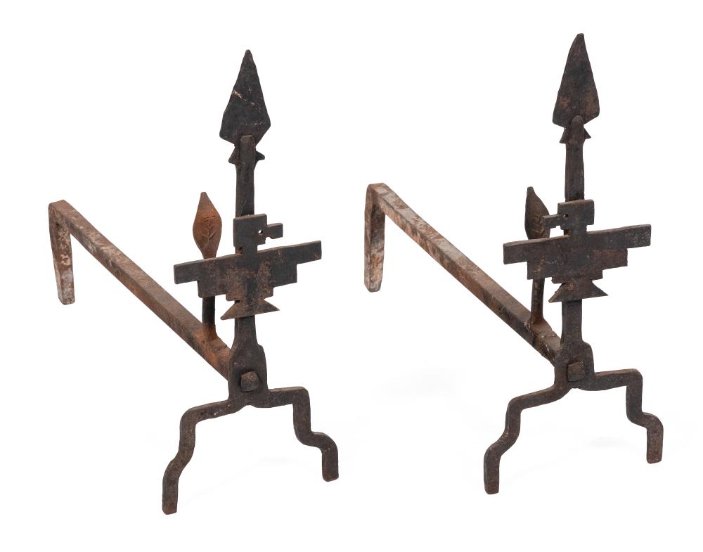 PAIR OF WROUGHT IRON ANDIRONS 20TH 34f747